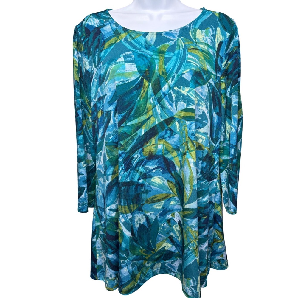 SUSAN GRAVER Womens Teal Abstract Leaf Print Tunic Top Sz M Flowy Tropical Boho